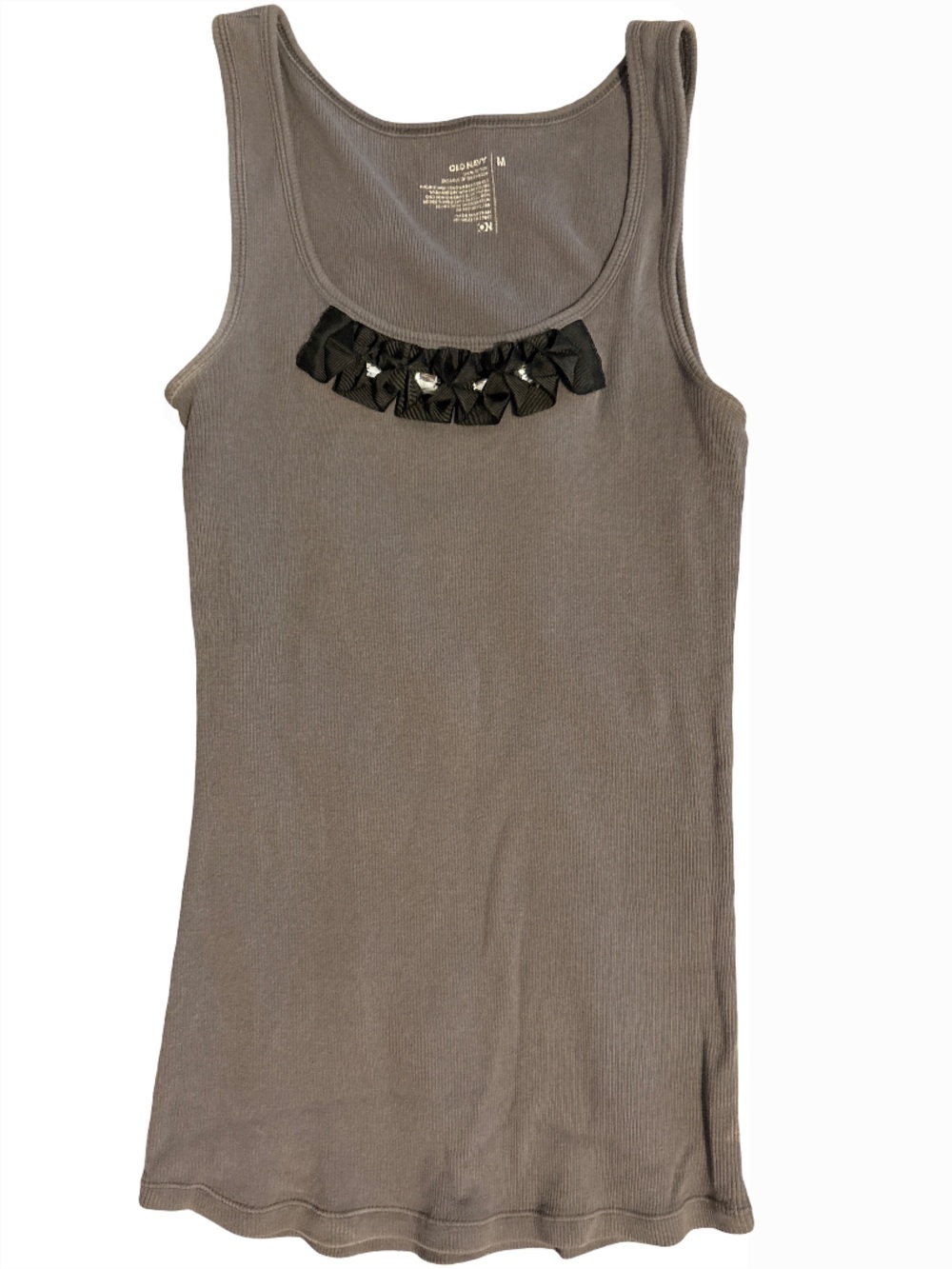 Old Navy Gray Ribbed Tank with Black Ribbon & Crystal Accents